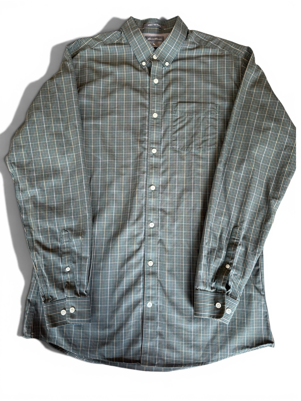 Eddie Bauer Mens Wrinkle Free Green  Plaid Button-Up Shirt